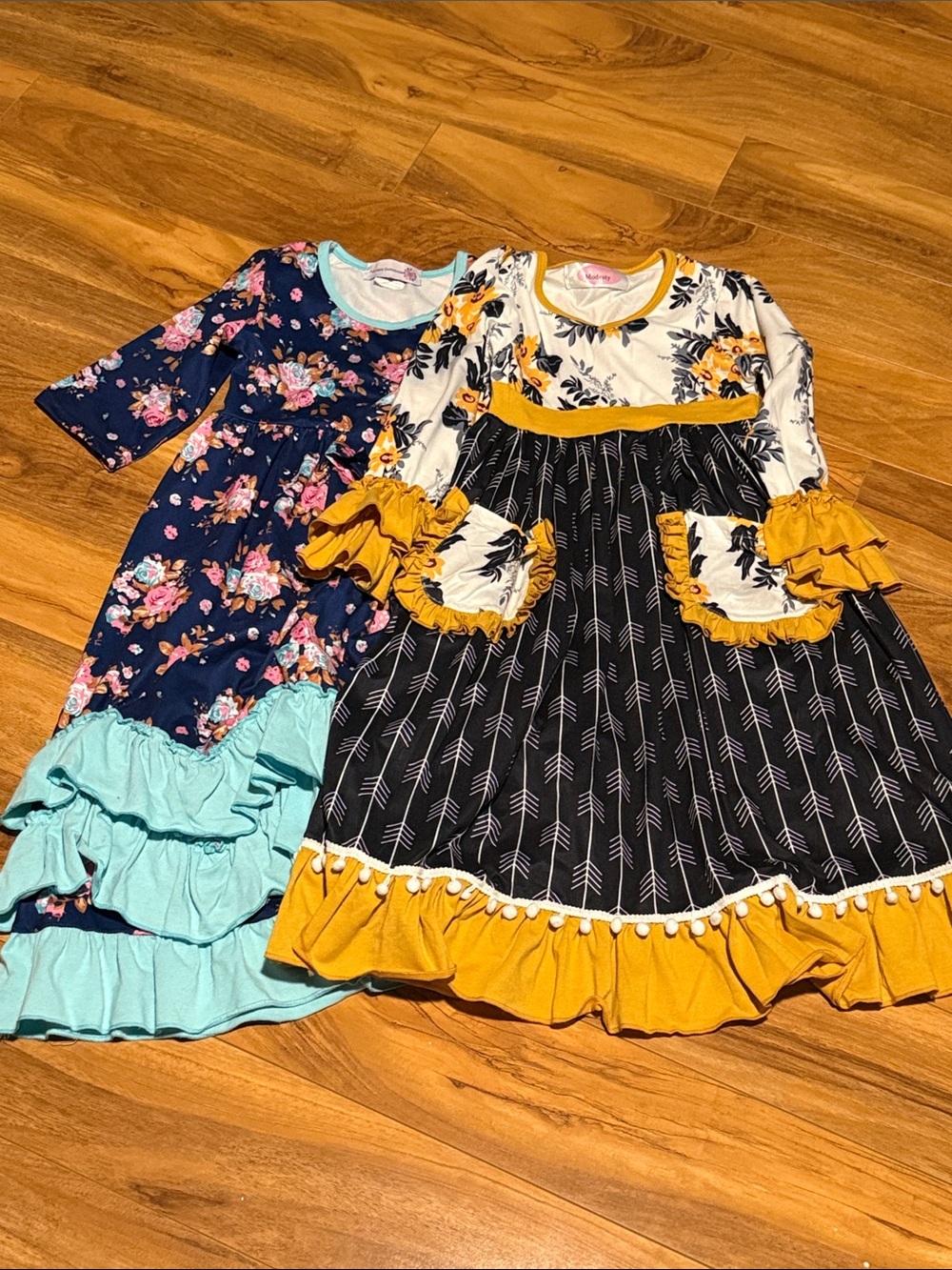 Kids Floral & Arrow Ruffle Dress Set - Navy/Aqua & Black/Mustard